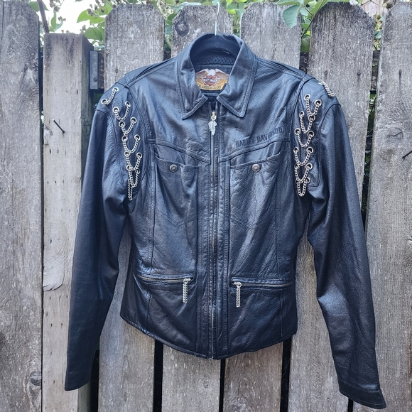 Harley-Davidson Women's Black Leather Chain Design Biker Jacket